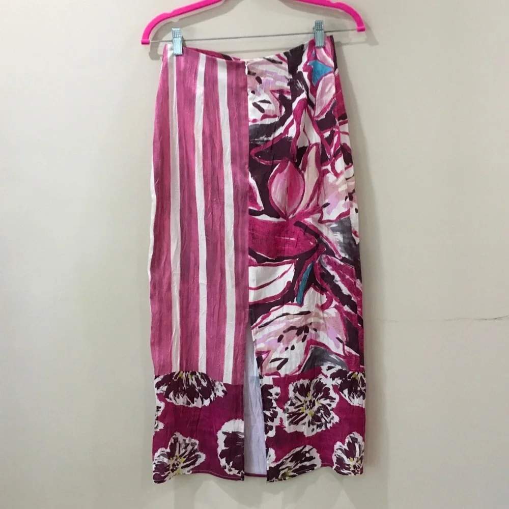 Zara Mixed Print Pink Floral Vertical Stripe High Waist Pencil Skirt Women’s XS - Picture 2 of 8